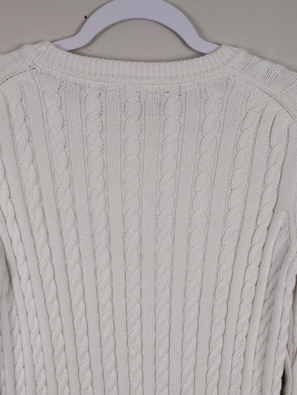 Tommy Hilfiger White Cable Knit Navy Striped Hem Crewneck Long Sleeve Sweater - Picture 8 of 12